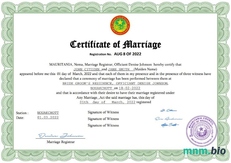 Mauritania akt małżeństwa Word i PDF szablon